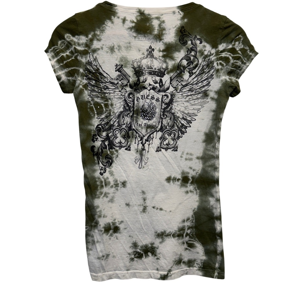 Vintage Guess T-Shirt XS Green Tie Dye Rhinestone Crown Wing Graphic Y2K McBling - Picture 2 of 7